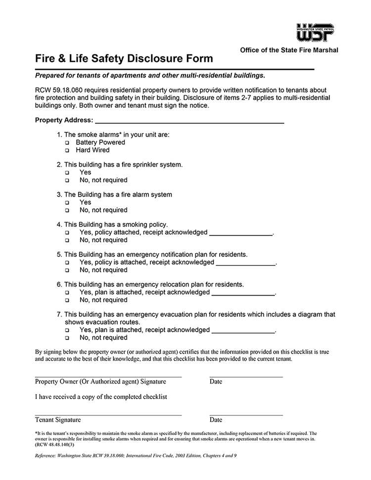 Washington State Fire & Life Safety Disclosure Form