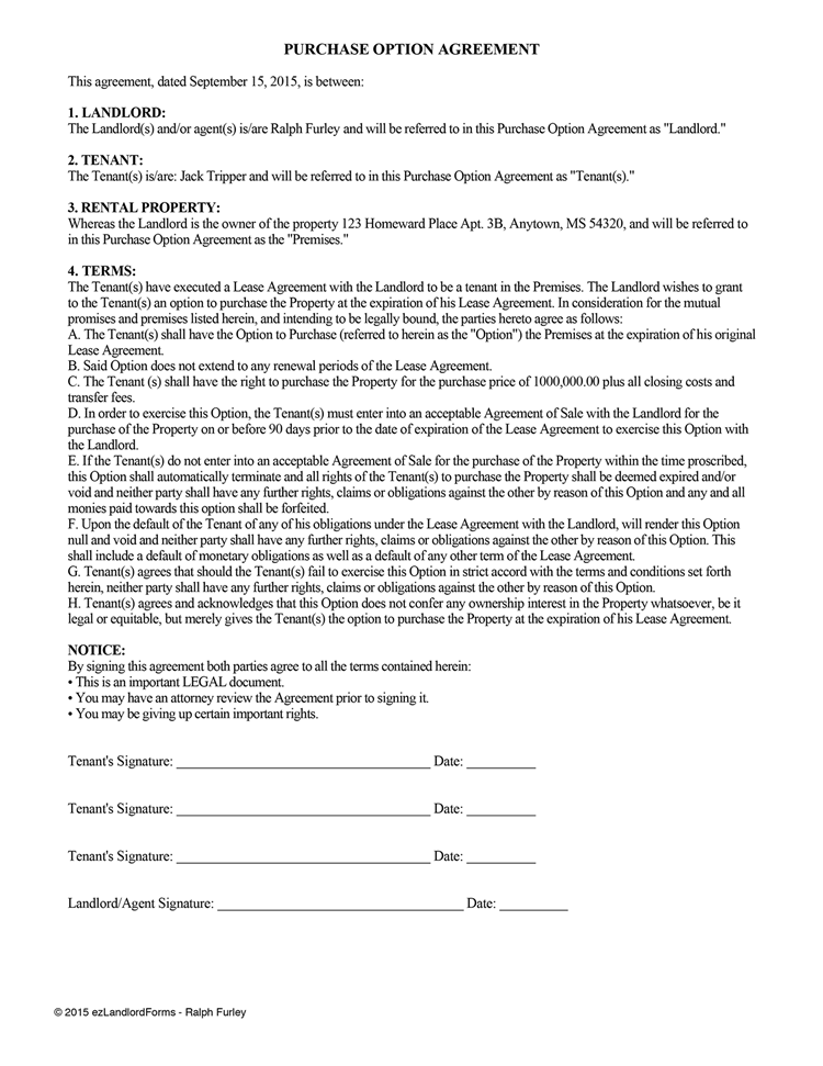 Lease on Lease Option Agreement Lease Purchase Option Ez Landlord Forms