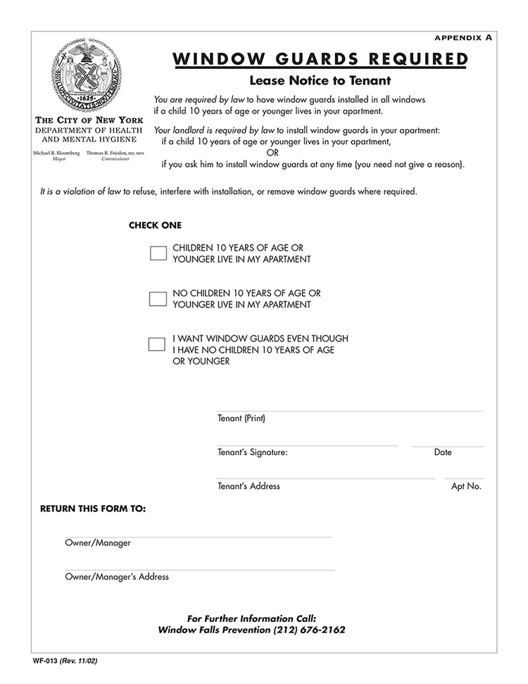 New York City Window Guard Notice (Lease Addendum) EZ Landlord Forms