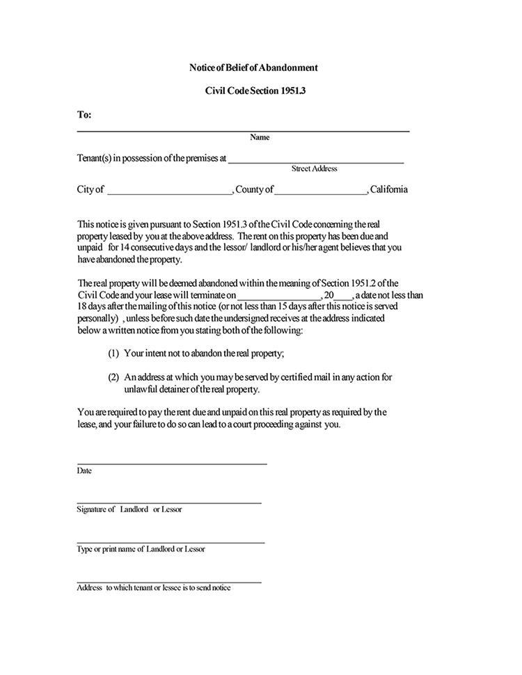 California Notice Of Belief Of Abandonment EZ Landlord Forms