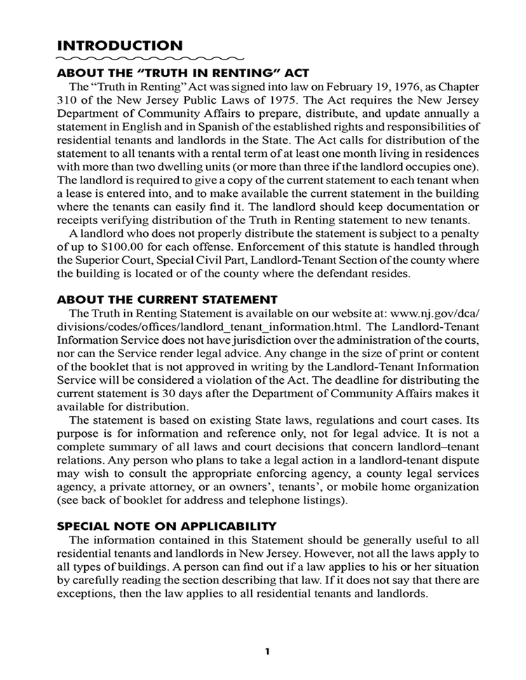 New Jersey Truth in Renting Guide EZ Landlord Forms