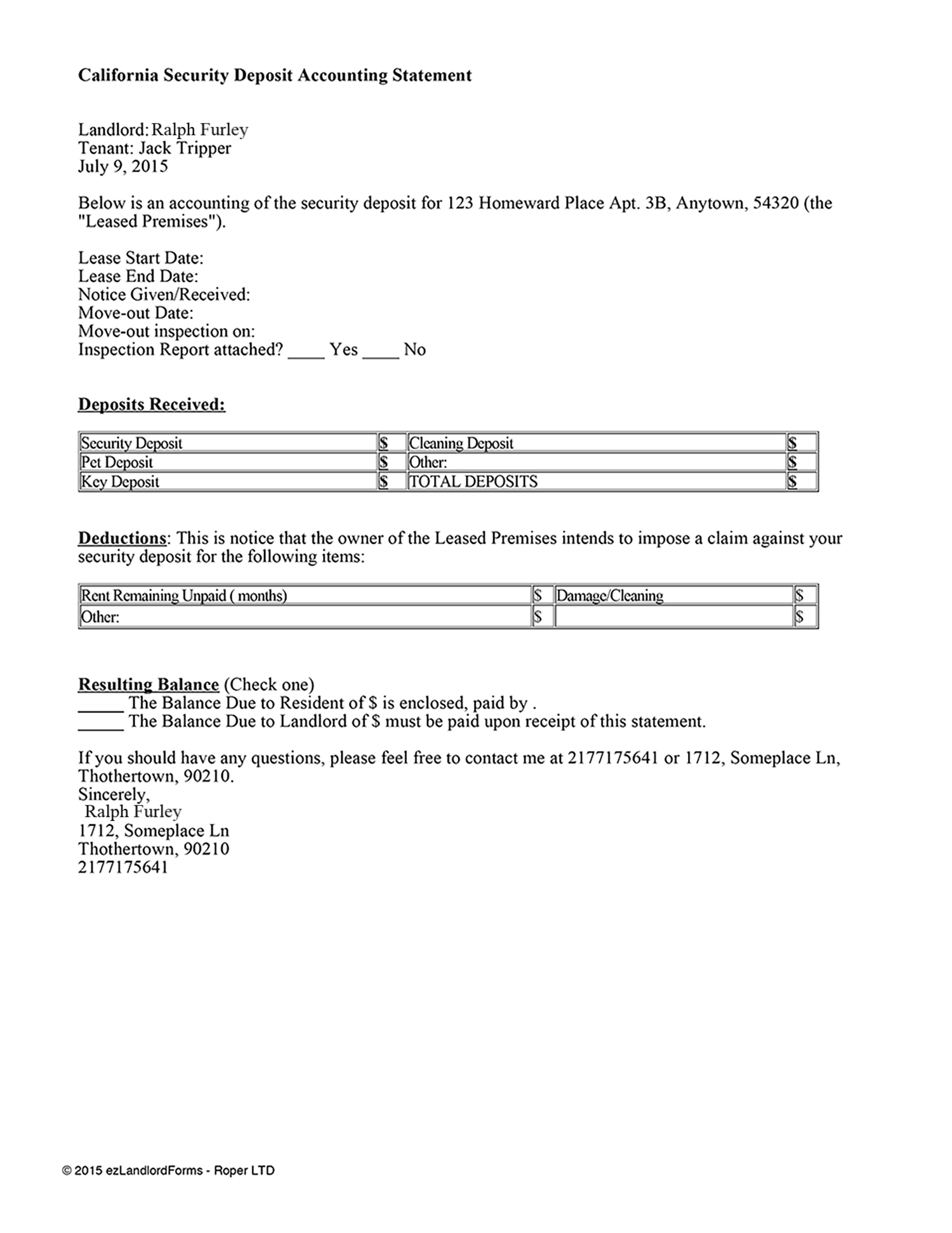 Tenancy Deposit Refund Letter from www.ezlandlordforms.com