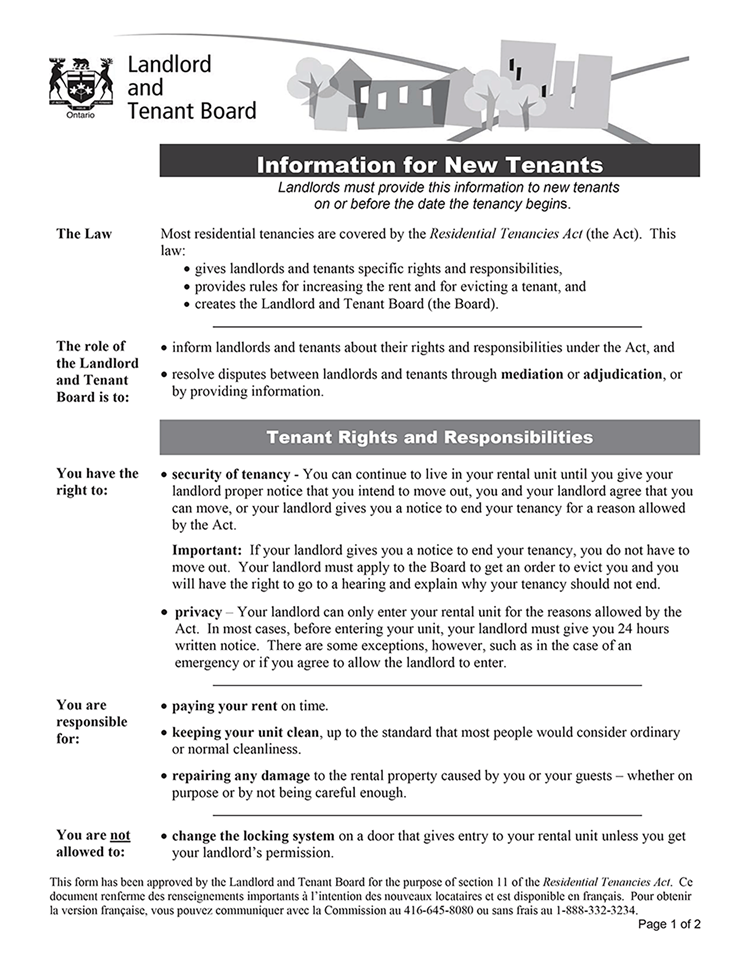 Ontario information for new tenants ez landlord forms