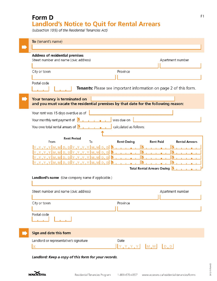 Nova Scotia Notice to Quit for Unpaid Rent (Form D)