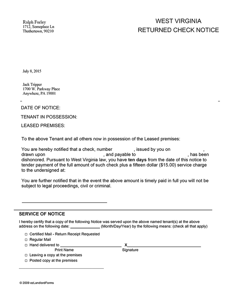 West Virginia Returned Check Notice | EZ Landlord Forms