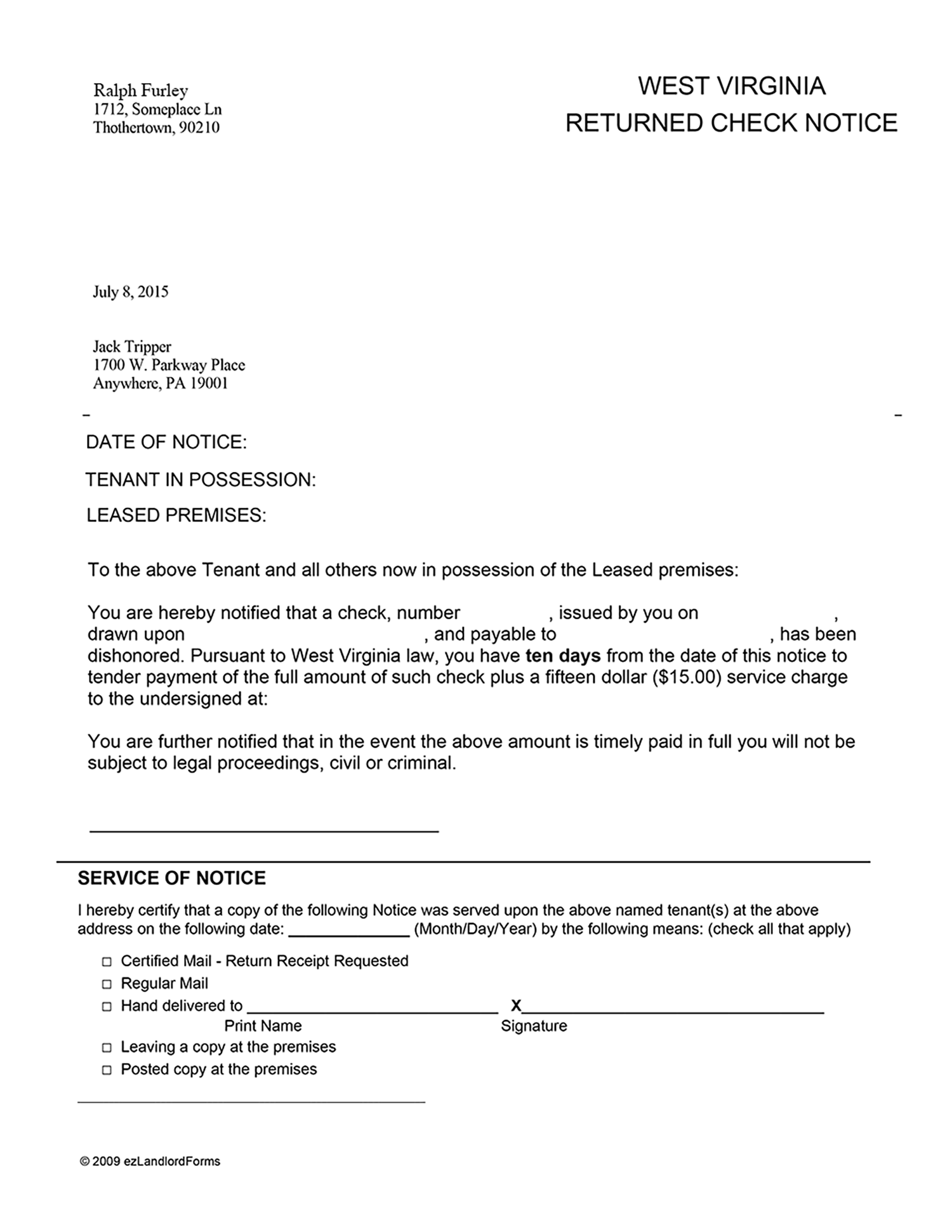 West Virginia Returned Check Notice Ezlandlordforms