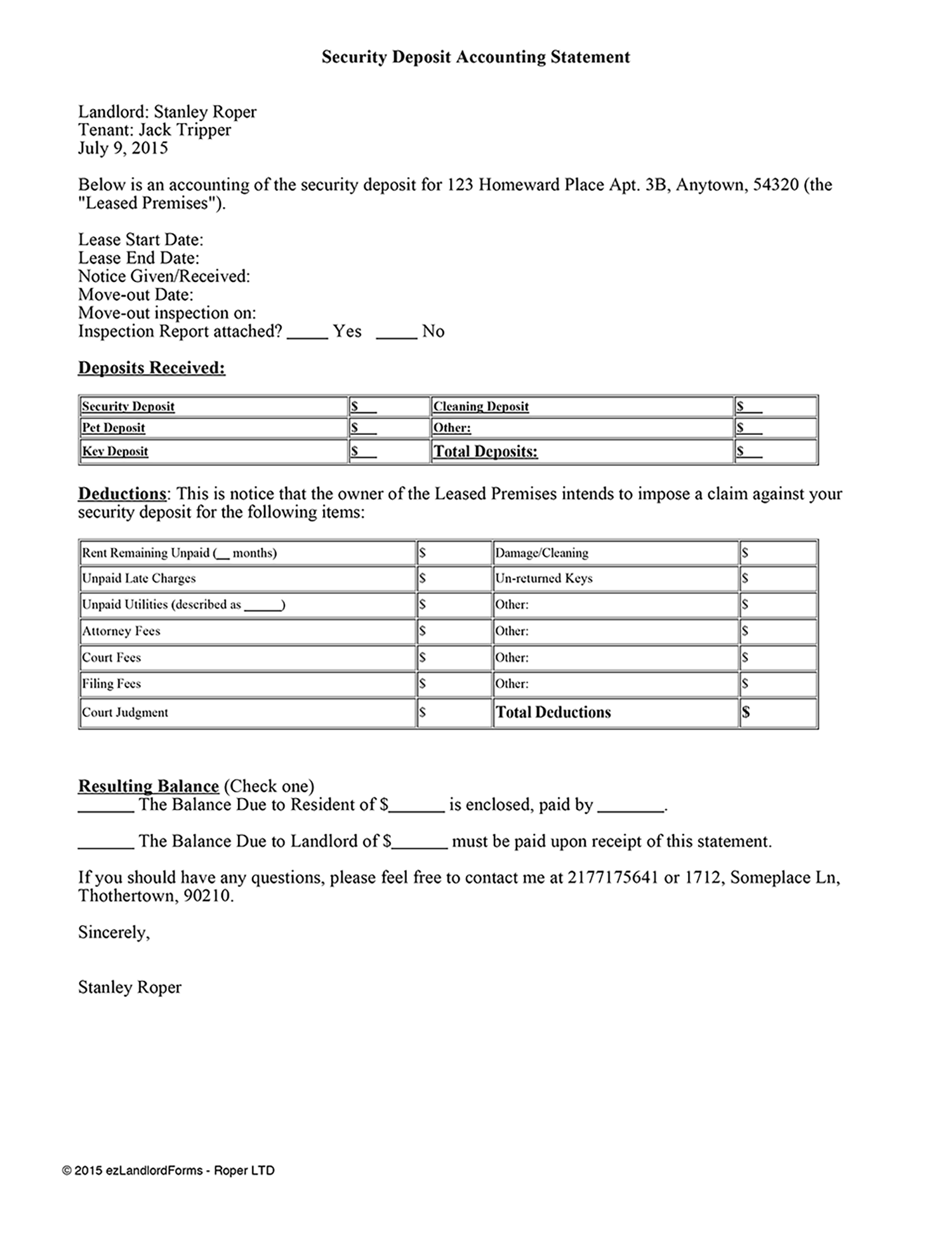 Tenancy Deposit Refund Letter from www.ezlandlordforms.com