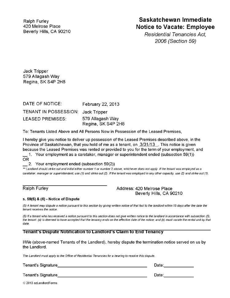 saskatchewan notice to vacate employee ez landlord forms