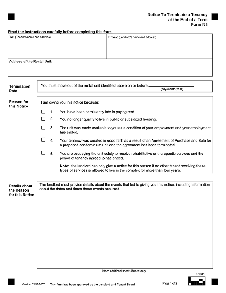 ON Notice to Terminate Tenancy at Term End - Form N8