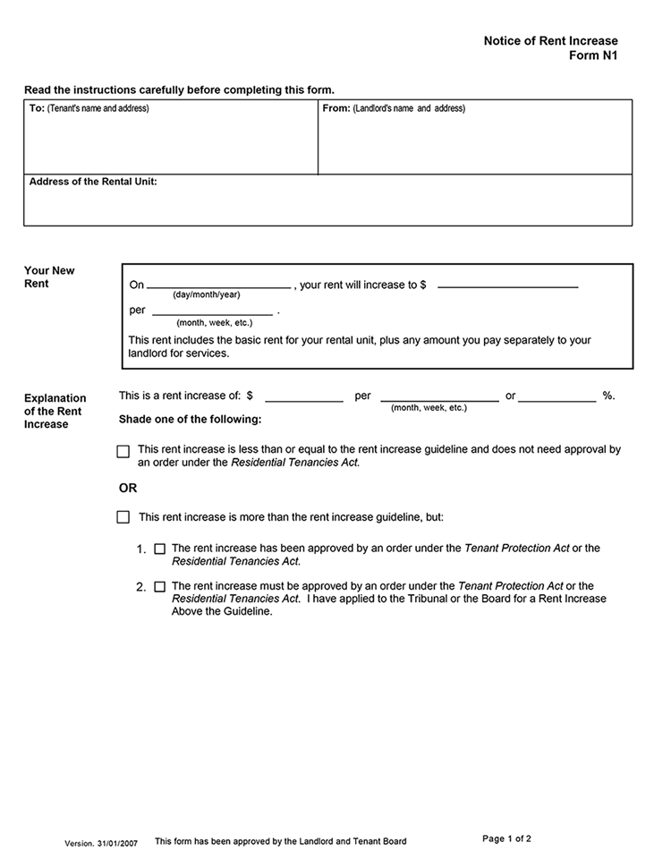 Ontario Notice of Rent Increase (Form N1)  EZ Landlord Forms