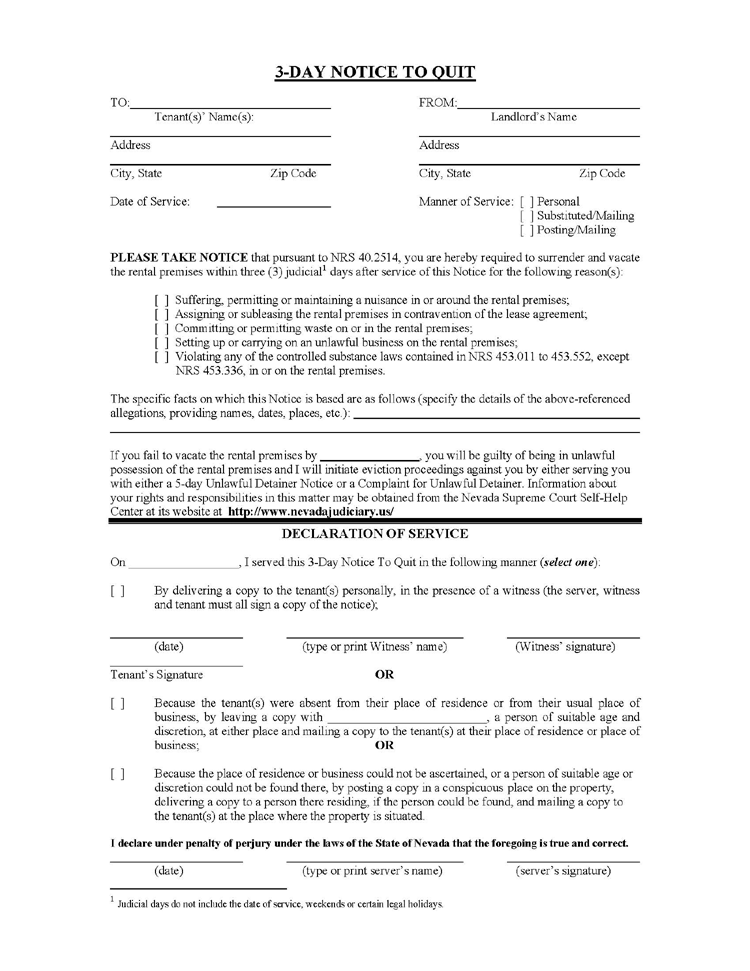Nevada Revised Statutes >> Nevada 3 Day Notice to Quit | EZ Landlord Forms Nevada Revised Statutes >> Nevada 3 Day Notice to Quit | EZ Landlord Forms
