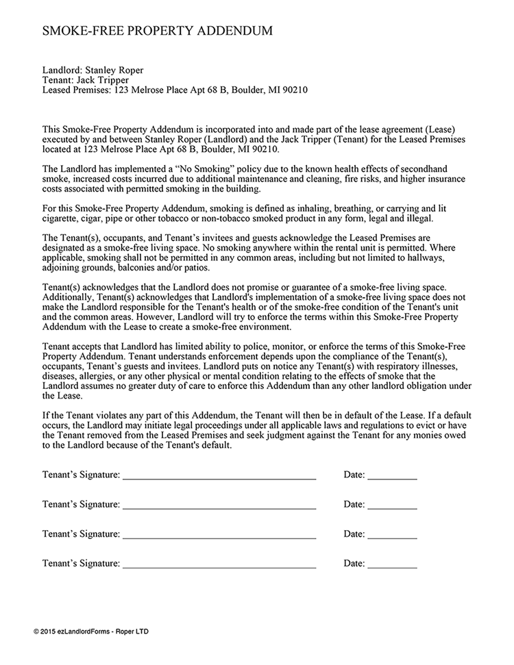 smoke free property addendum ez landlord forms no smoking agreement form