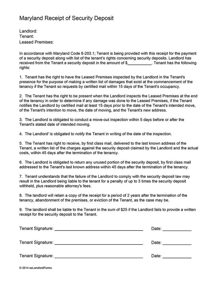 Maryland Security Deposit Receipt EZ Landlord Forms