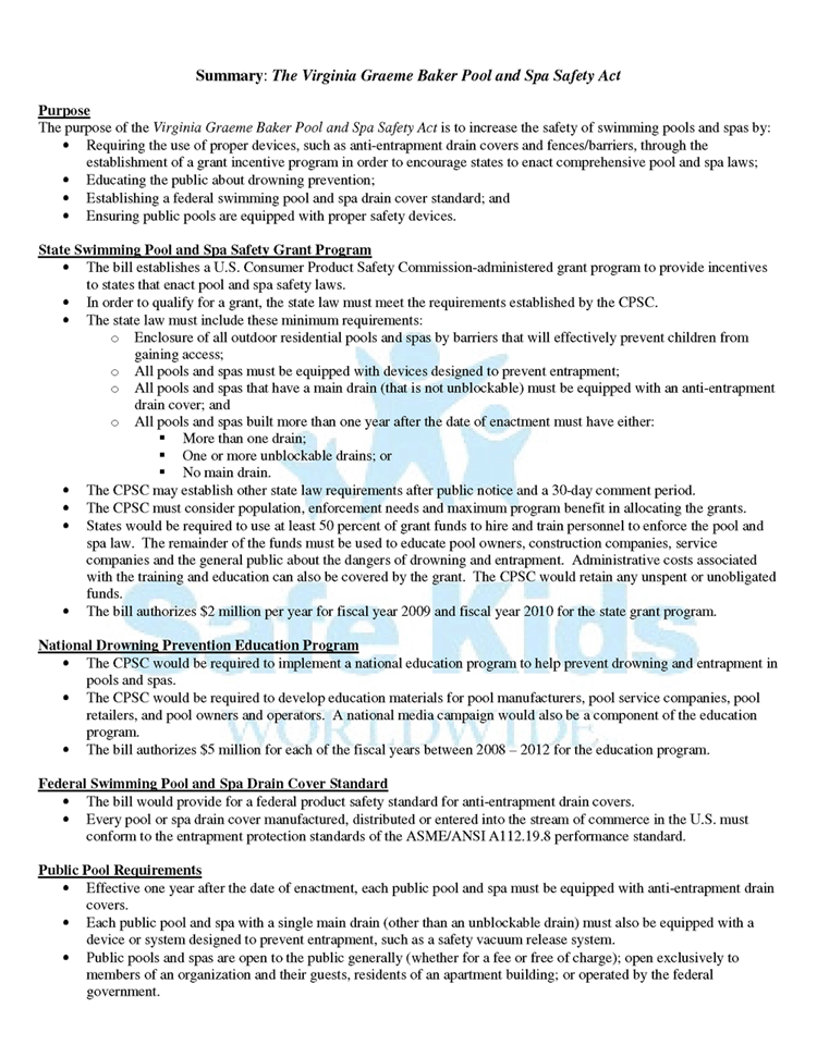 Virginia Graeme Baker Act for Public Swimming Pools and Hottubs