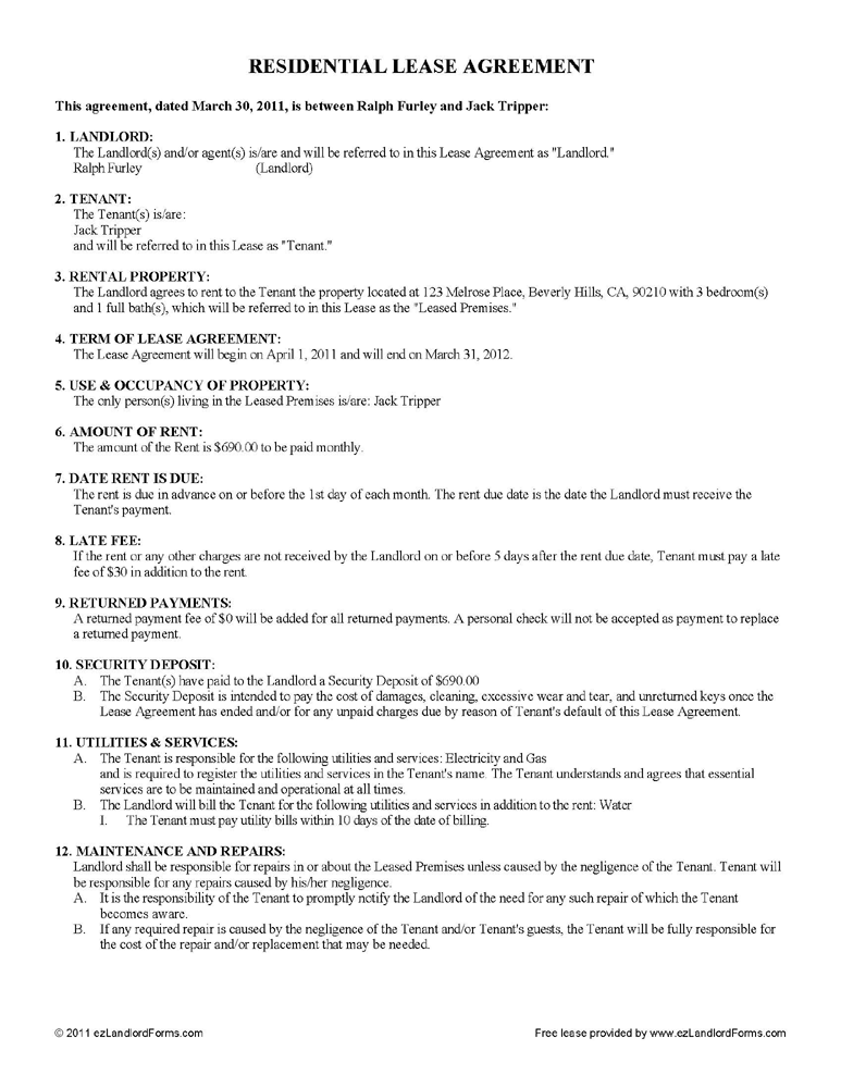 Free Printable Lease Agreement Template from www.ezlandlordforms.com