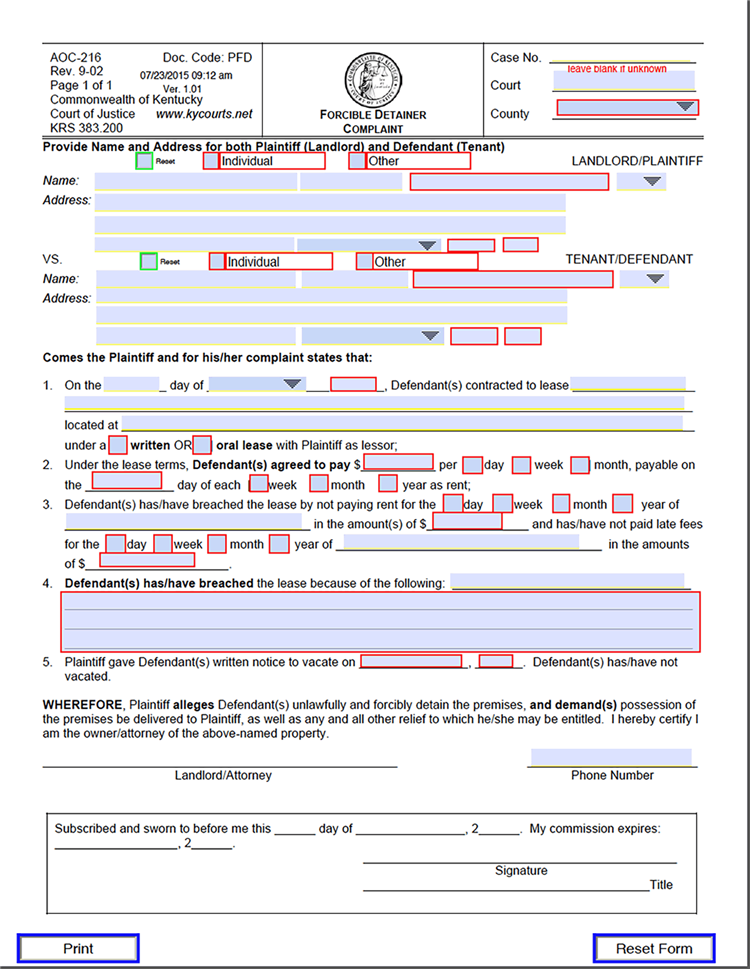 kentucky official forcible detainer complaint ez landlord forms