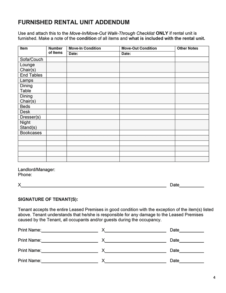 Furnished Rental Unit Addendum EZ Landlord Forms