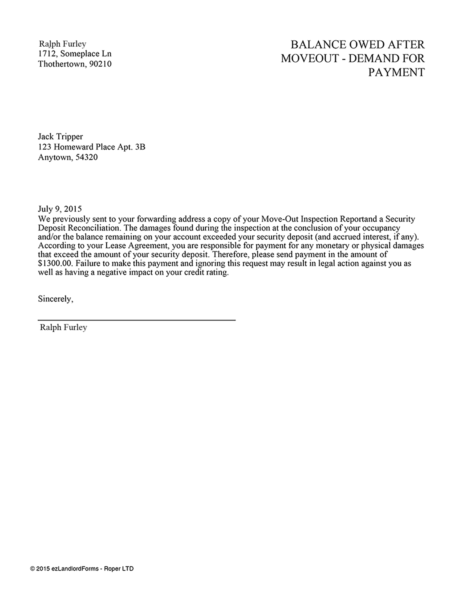 Sample Landlord Letter To Tenant For Damages from www.ezlandlordforms.com