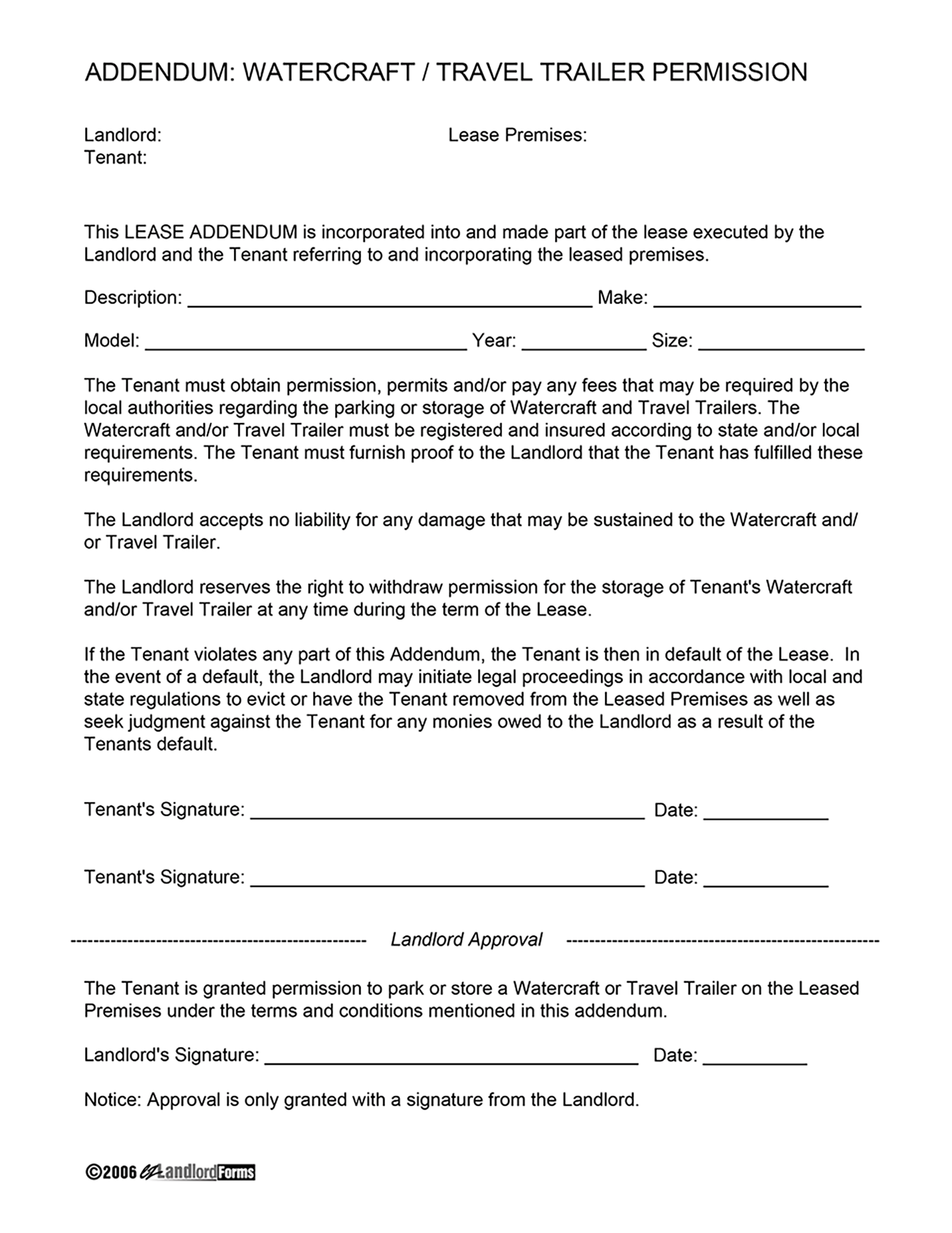 Watercraft Travel Trailer Parking Permission Ezlandlordforms
