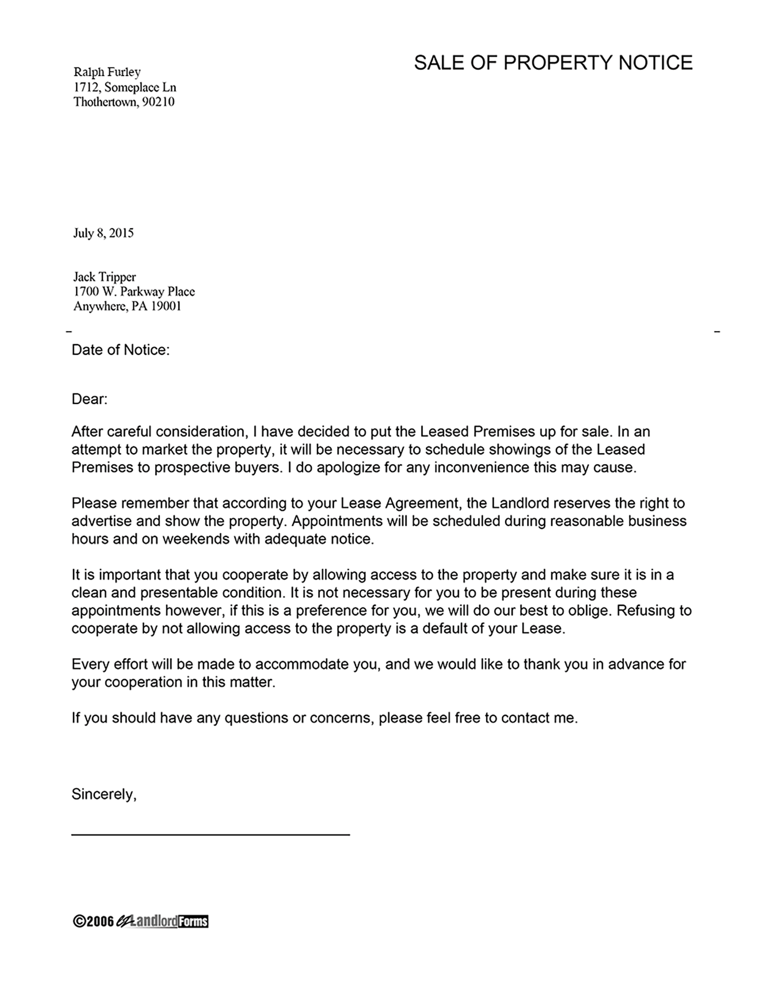 Sample Letter To Notify Tenant Of Sale Of Property from www.ezlandlordforms.com