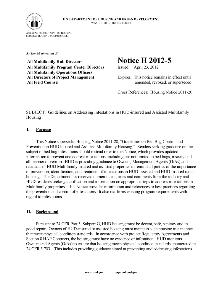HUD Bed Bug Guidelines (for HUD-Insured and Assisted Multi  