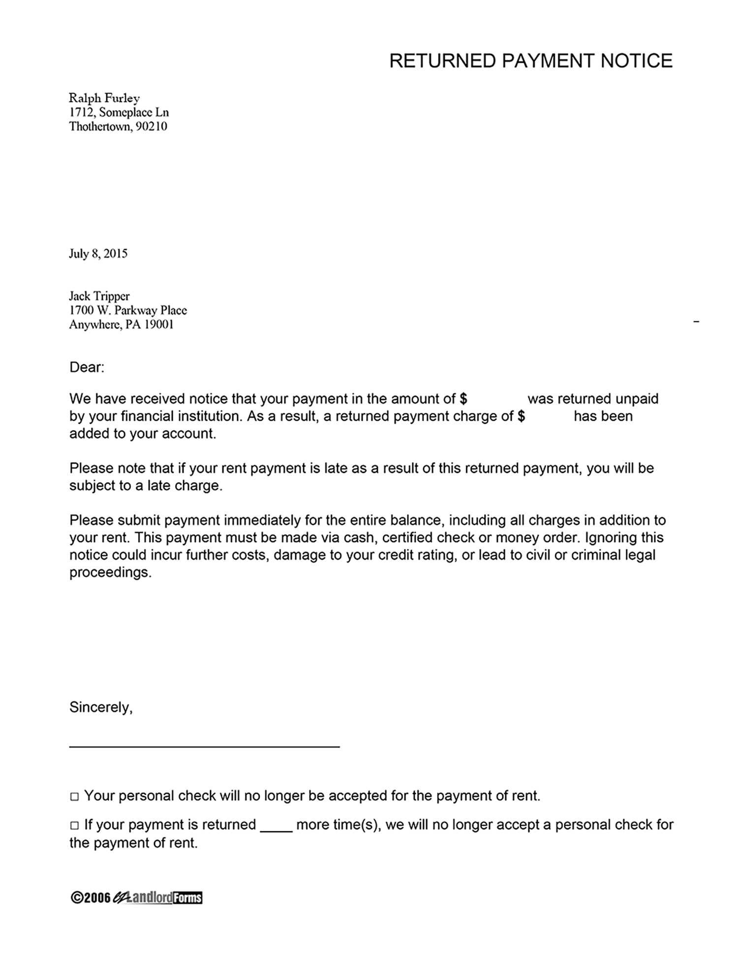 Non Sufficient Funds Letter Template