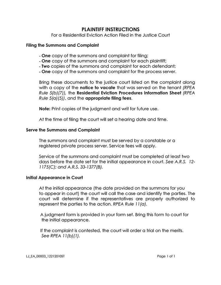 Arizona Eviction Action Instructions EZ Landlord Forms