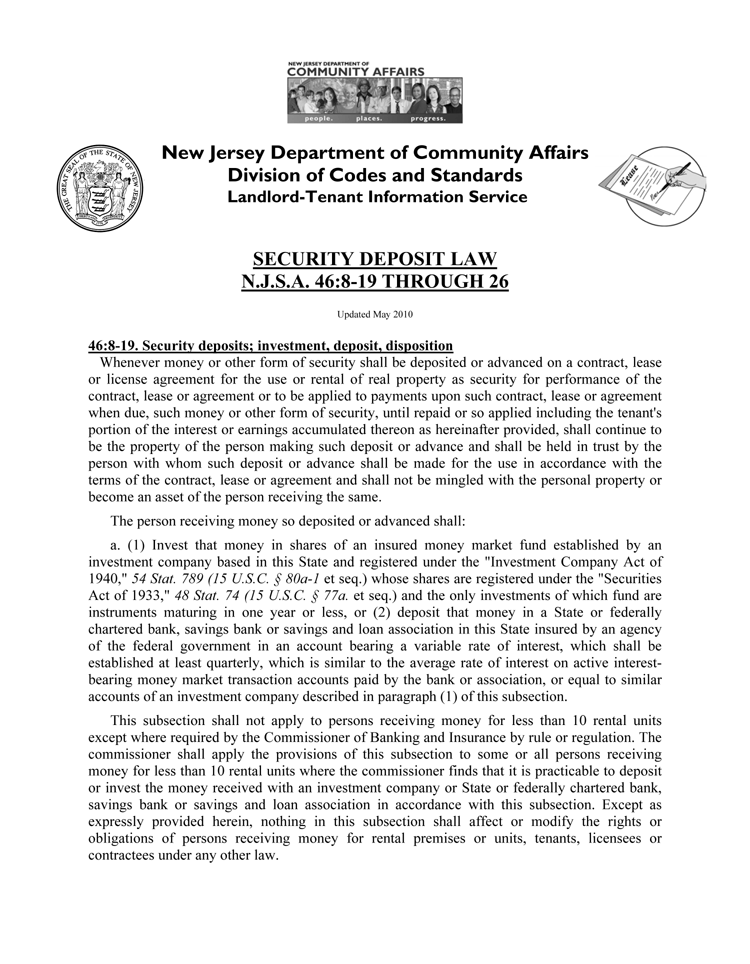 New Jersey Security Deposit Law EZ Landlord Forms