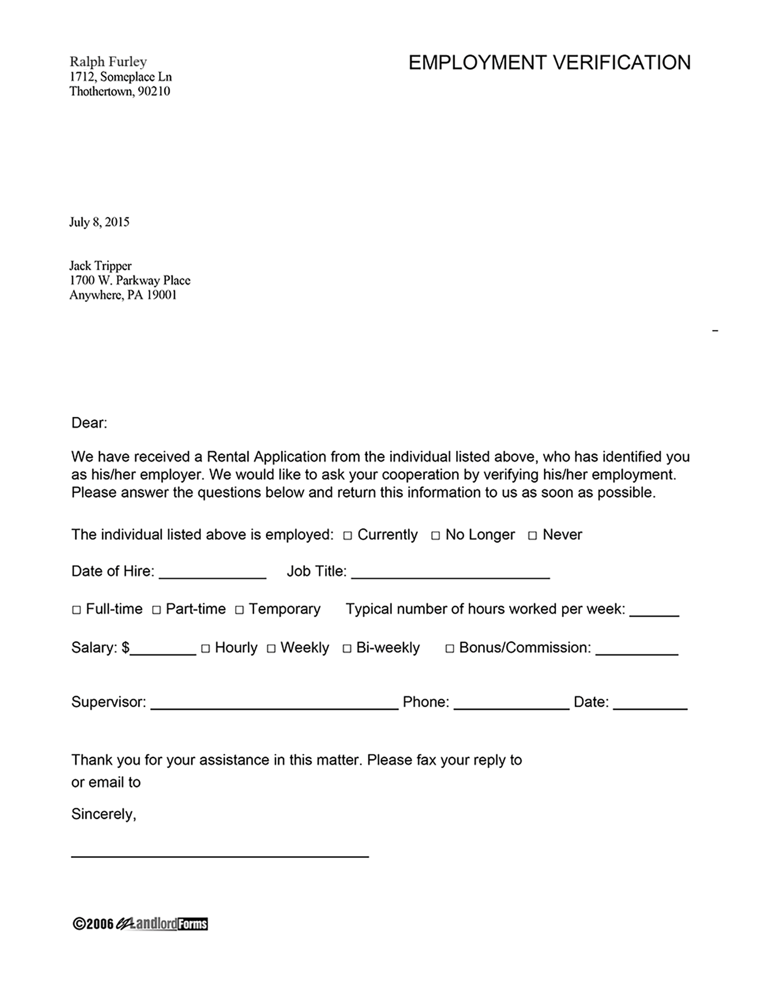 Landlord Tenant Verification Letter from www.ezlandlordforms.com