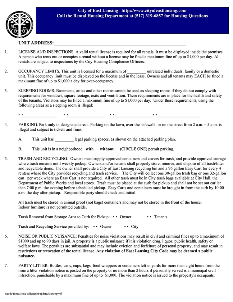 East Lansing Addendum to the Lease EZ Landlord Forms