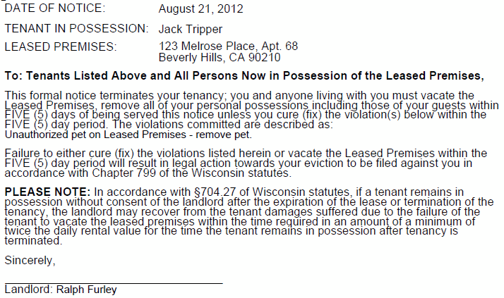 wisconsin 5 day notice to cure or vacate ez landlord forms 30 day notice to vacate california template