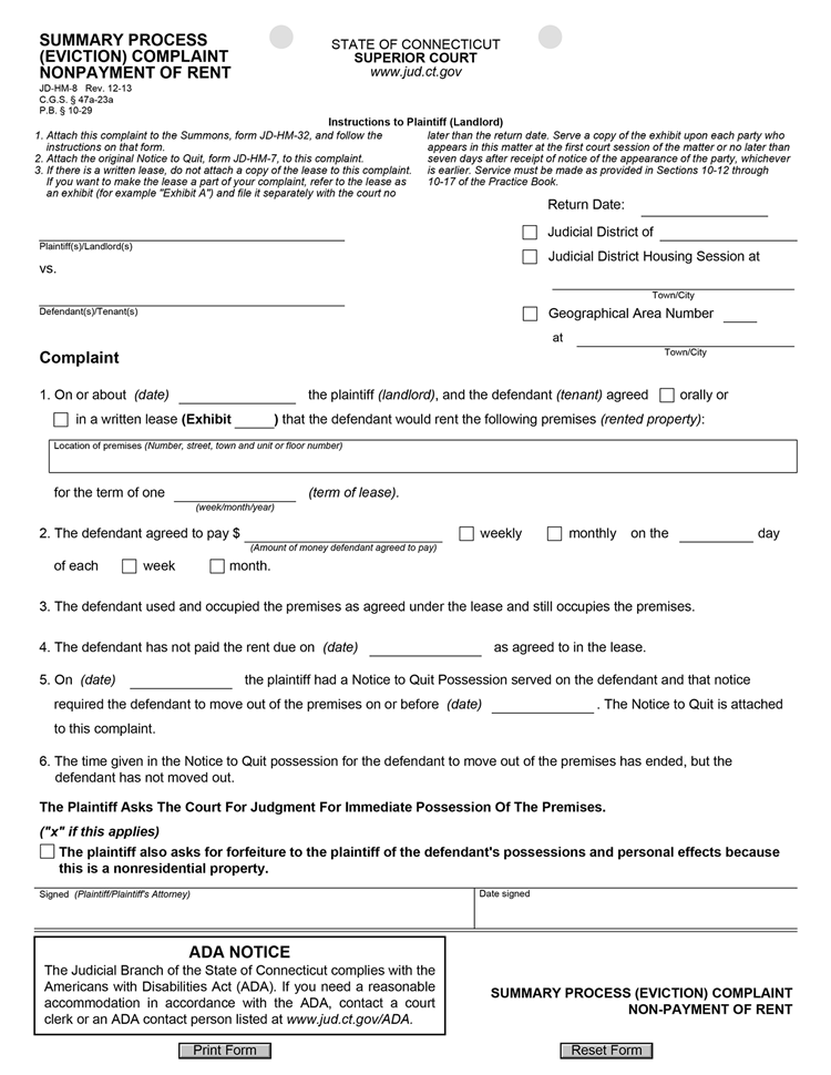 Connecticut Official Complaint NonPayment of Rent